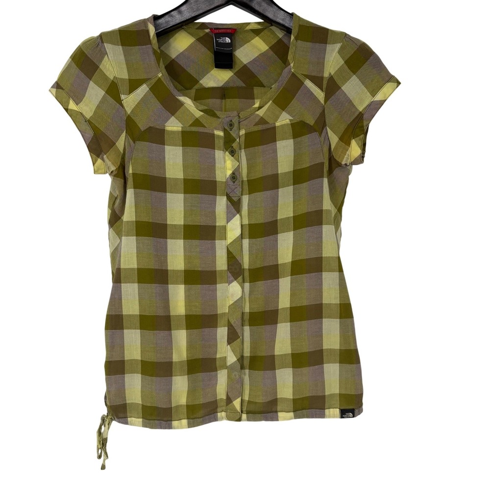 The North Face Womens Green Plaid Organic Cotton Cap Sleeve Button Top S Cottage